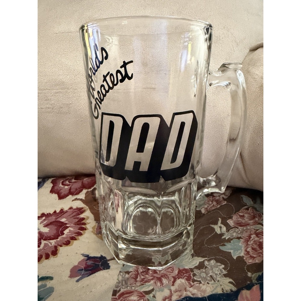 Worlds Greatest Dad Mug Large Thick Glass Handle 8" X 4" Rim Father's Day Beer